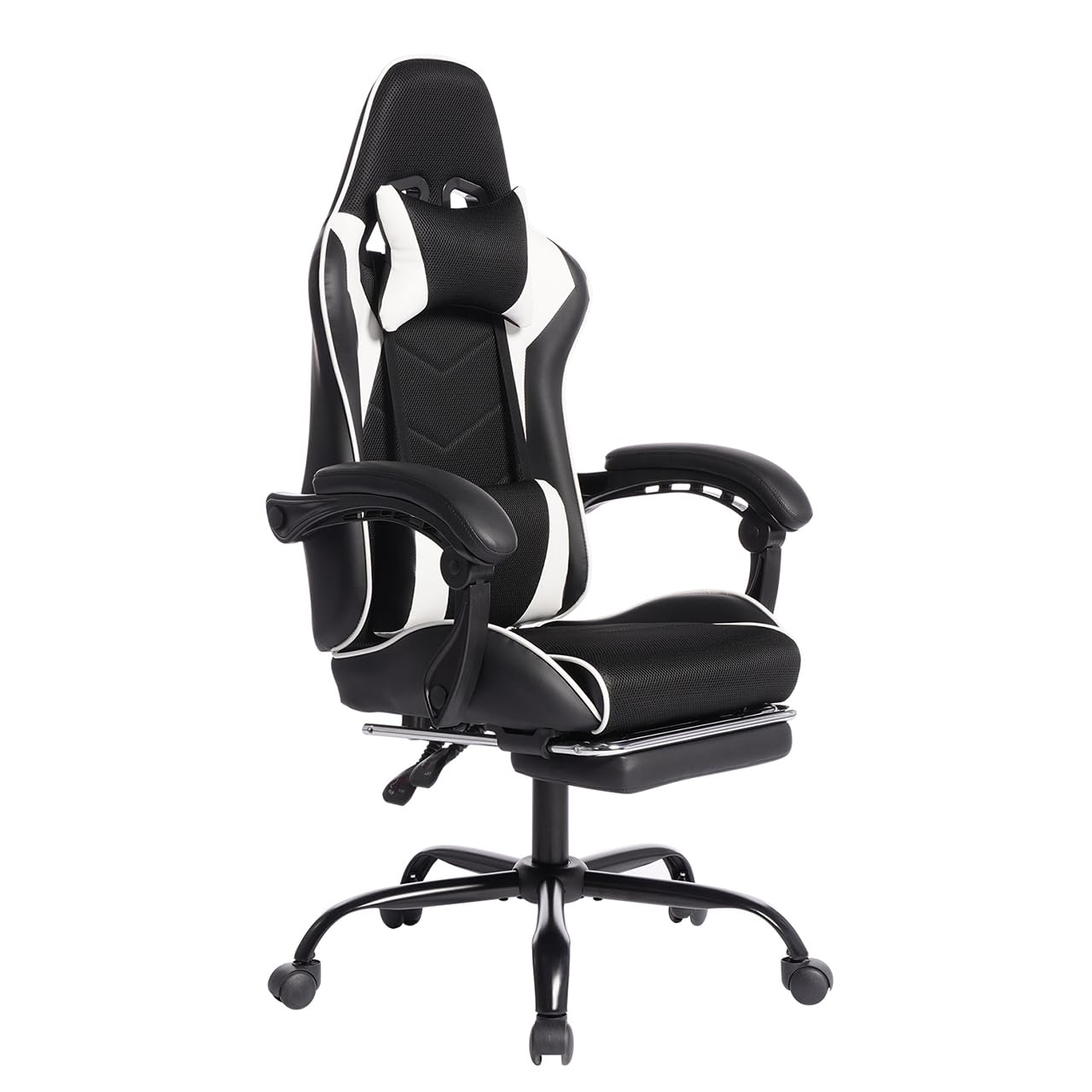Gaming Desk Chair for Adults, Ergonomic Gaming Chair with Footrest &amp; Headrest and Lumbar Support, Leather Material Height Adjustable Computer Video Game Chairs (White Upgrade)