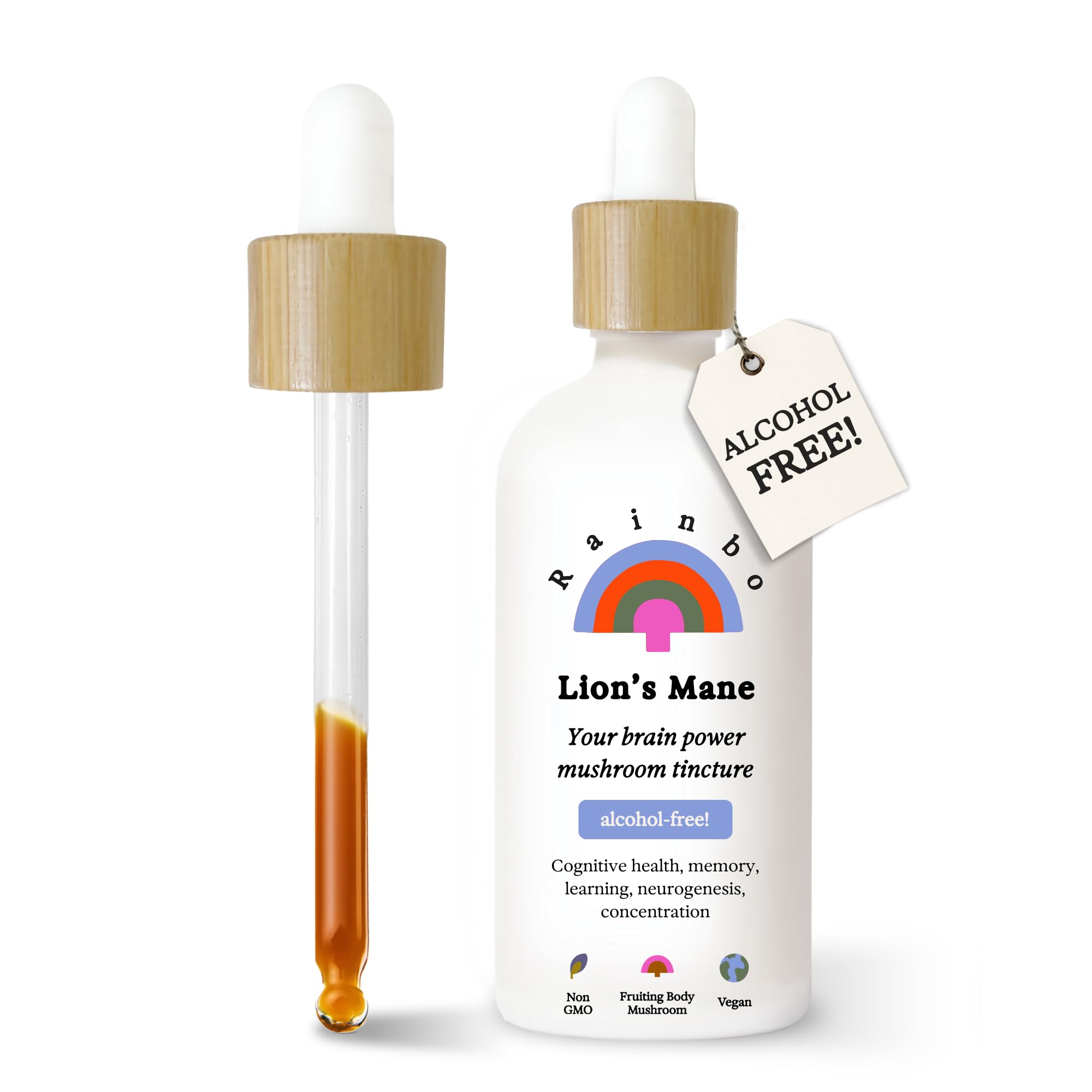 RainboLion's Mane Mushroom Tincture - Alcohol Free - Dual Extract Mushroom Supplement - Brain Support, Focus, Memory, Liquid Lion's Mane Supplement, Vegan, Non GMO, 3.4 fl oz