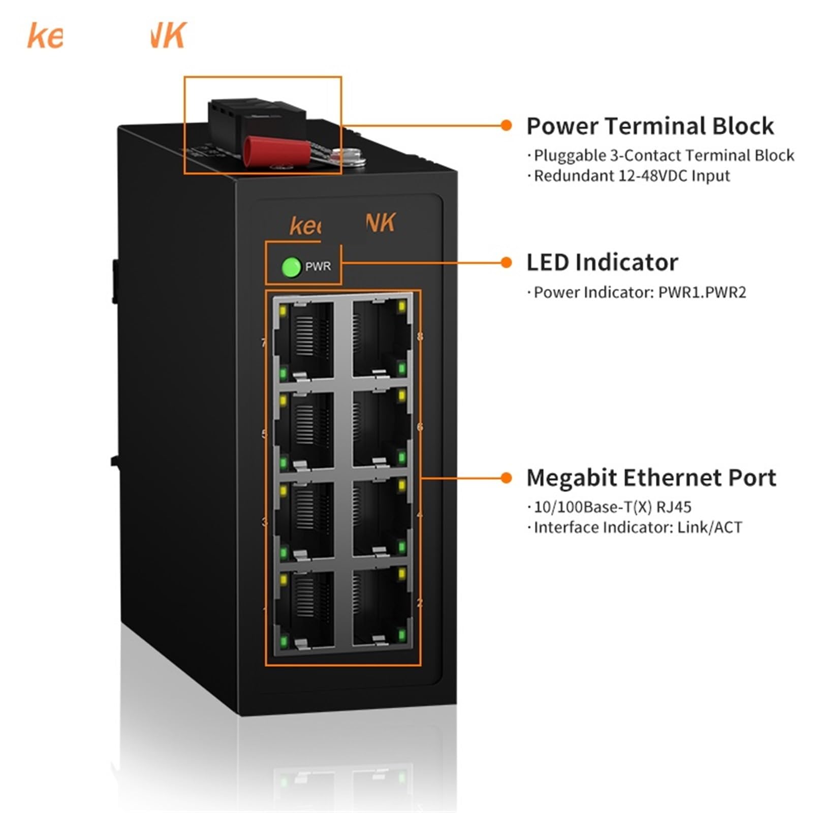 Switch Ethernet Megabit industriale a 8 porte