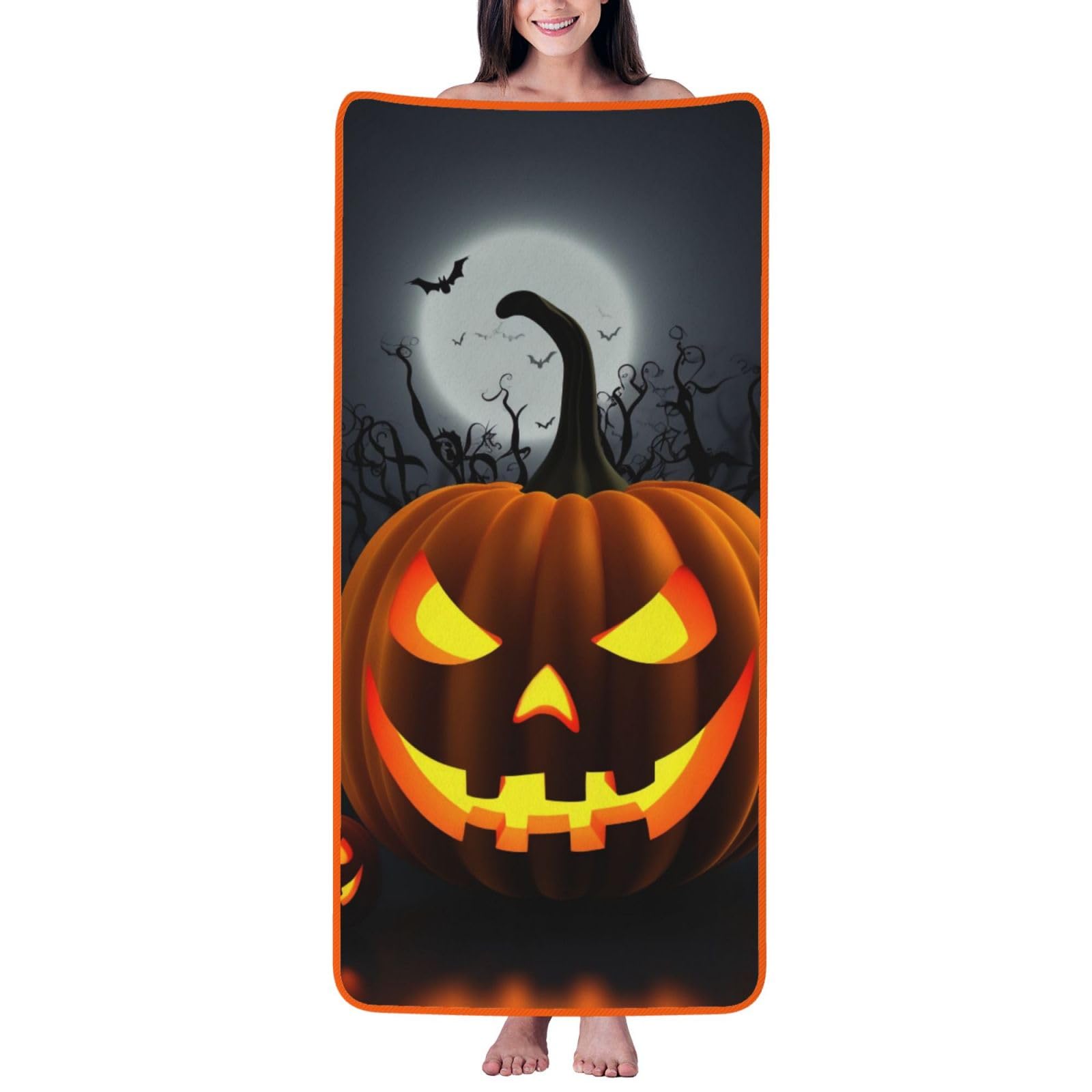 WPKJU Pumpkin Halloween Printed Bath Towel with Orange Edging - 27x55 in Soft Extra Absorbent Coral Velvet Shower Towels for Bathroom