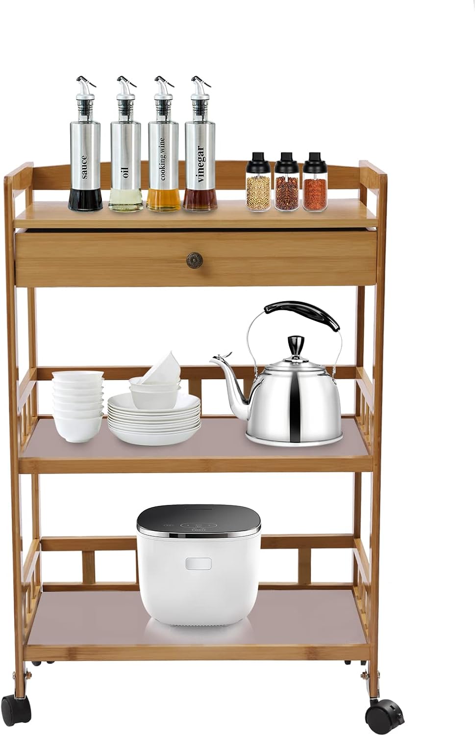 3-Tier Mobile Serving Cart Bamboo Kitchen Cart with Drawer&Lockable Wheels 20.9x11.8x31.5in Multifunctional Storage Cart for Beauty Salons and Home