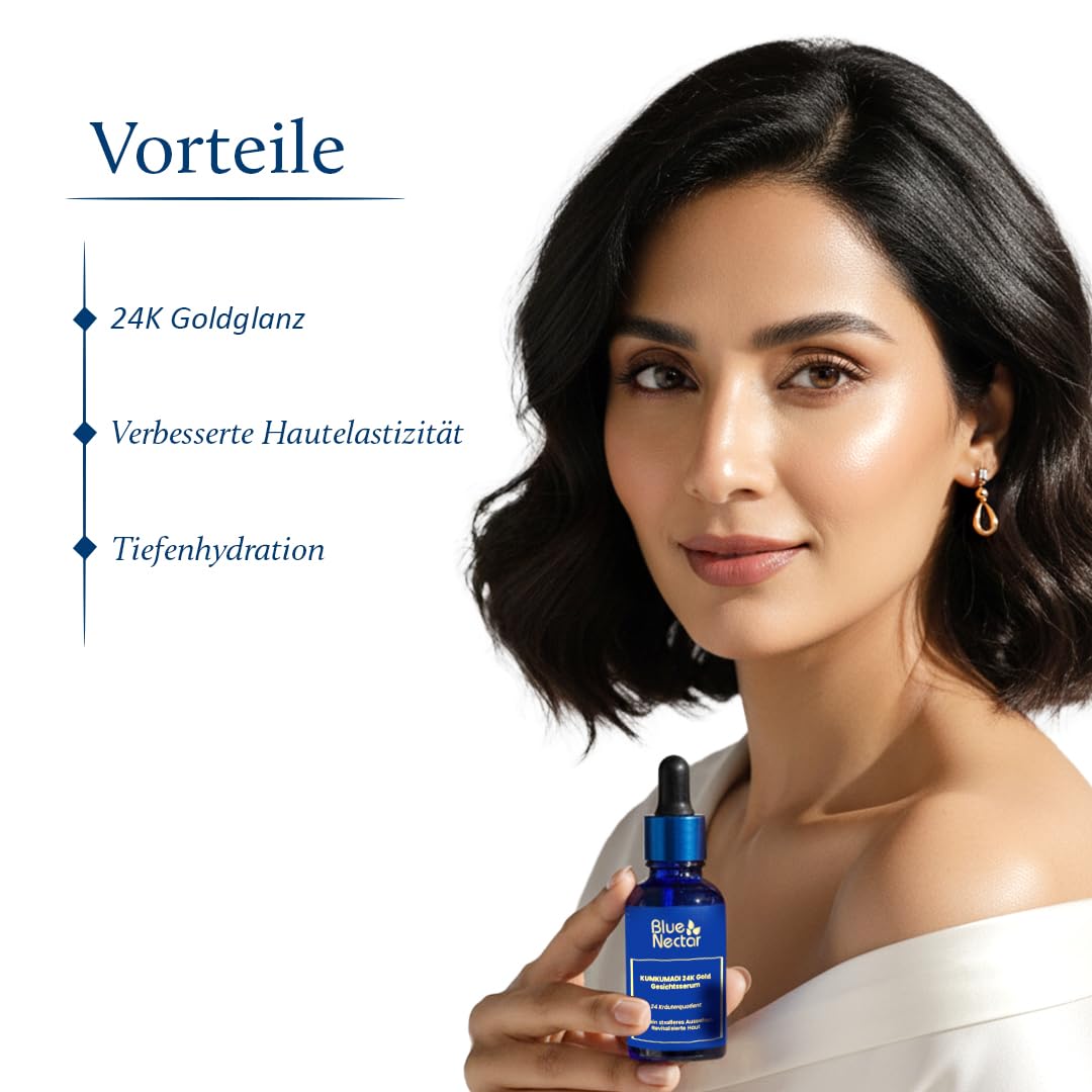 Blue Nectar 24K Gold Gesichtsserum mit Kumkumadi Öl – Gesichtspflege für strahlend aussehende Haut (24 Kräuter, 30 ml)