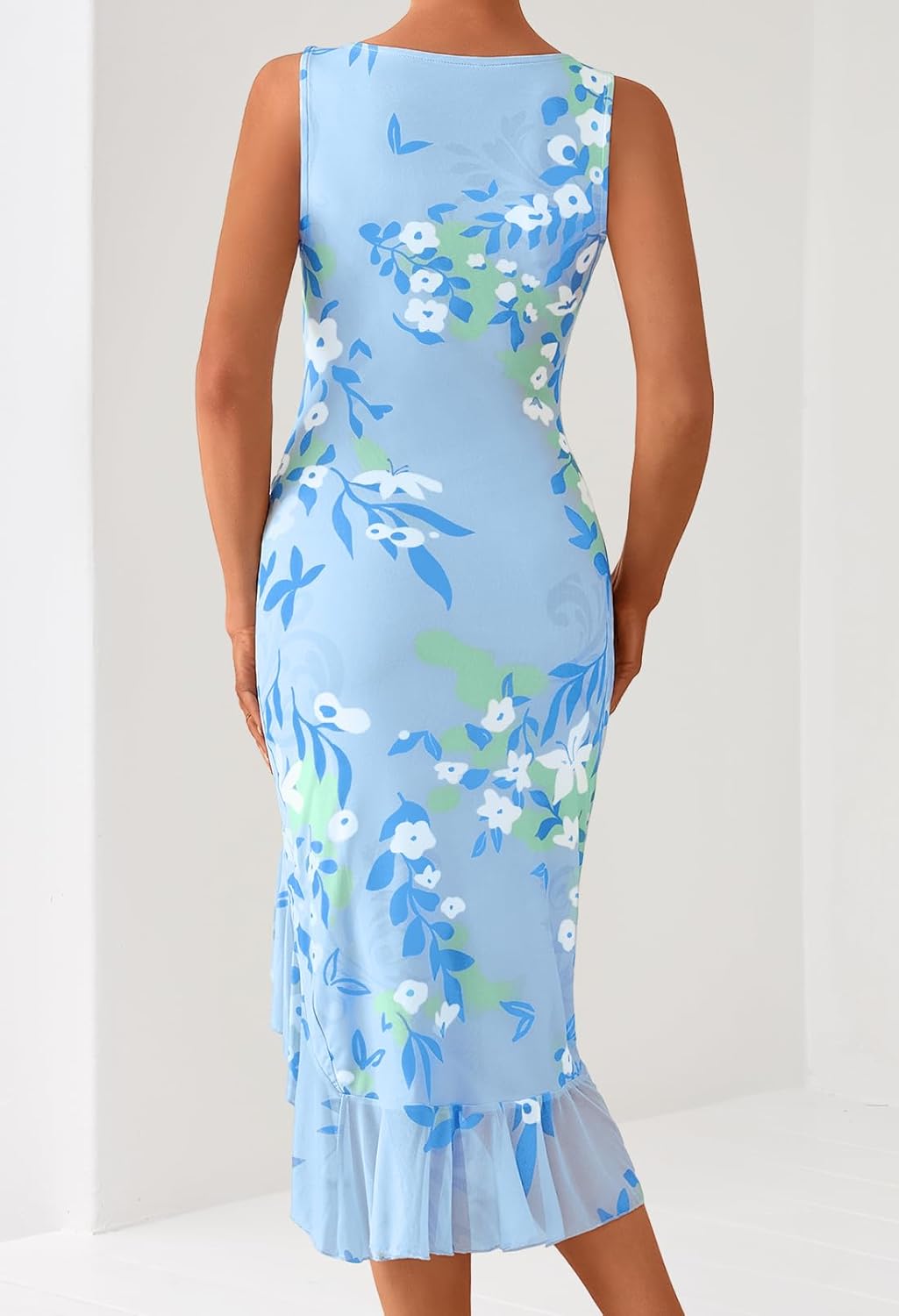 MEROKEETY Women's 2026 Summer Floral Bodycon Dress Square Neck Sleeveless Ruffle Cocktail Mesh Beach Vacation Midi Dresses - Image 5