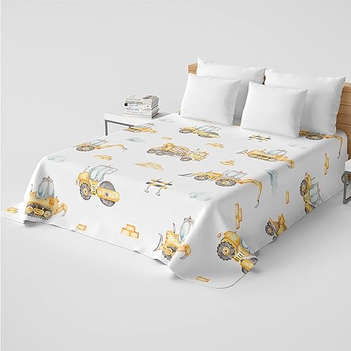 Miniatura 4 de BailiPromise Juego de sábanas de coche de dibujos animados para niños, juego de ropa de cama de vehículos de construcción amarillos para