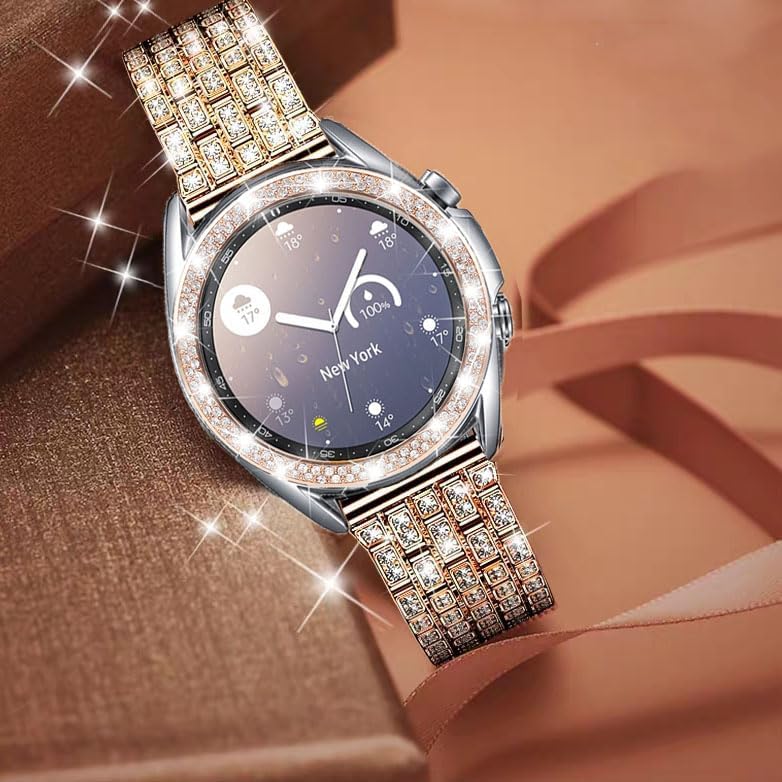 Bands Compatible with Samsung Galaxy Watch 3 (45mm), 22mm Full Rhinestone Diamond Stainless Metal Strap with Bezel Ring Cover Replacement for Women Men (Rose Gold) - Image 4