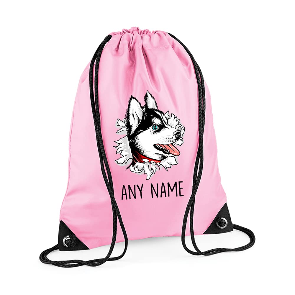 Personalised Border Collie Dog Miniature with ANY NAME, Gift for Pet/Dog Owner, Friends, Family, Birthday Present, Drawstring Bag, PE Gym Kit, Swimming Rucksack. (Classic Pink)