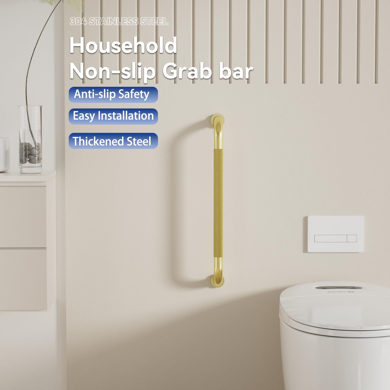 Confezione da 2 maniglie per doccia, color oro spazzolato, 81 cm, con impugnatura zigrinata antiscivolo, barra di equilibrio in acciaio inox, diametro 3,2 cm, barra di sicurezza per vasca da bagno
