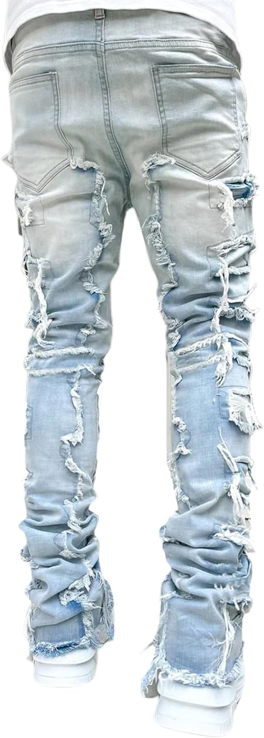 Pantalones Vaqueros para Hombre Y2K Stretch Patch Denim Straight Pants Men's Gothic Ripped Straight Workwear Fashion Streetwear