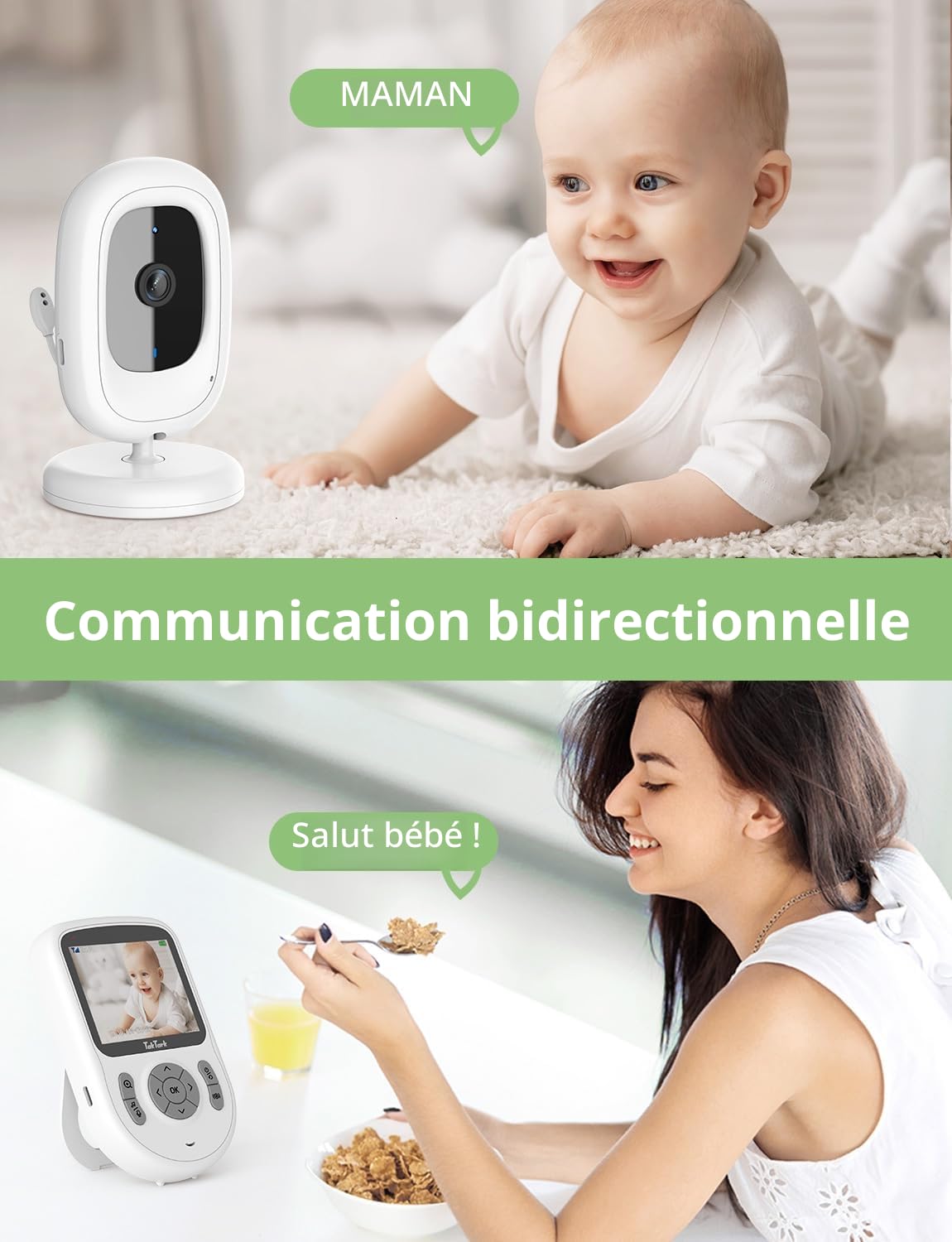 TakTark Babyphone avec caméra, 2,8" 720P HD IPS, avec portée de 1000 m, batterie de 20 heures, caméra sans Wi-Fi, VOX, conversation bidirectionnelle, vision nocturne, zoom 3 × et surveillance de la