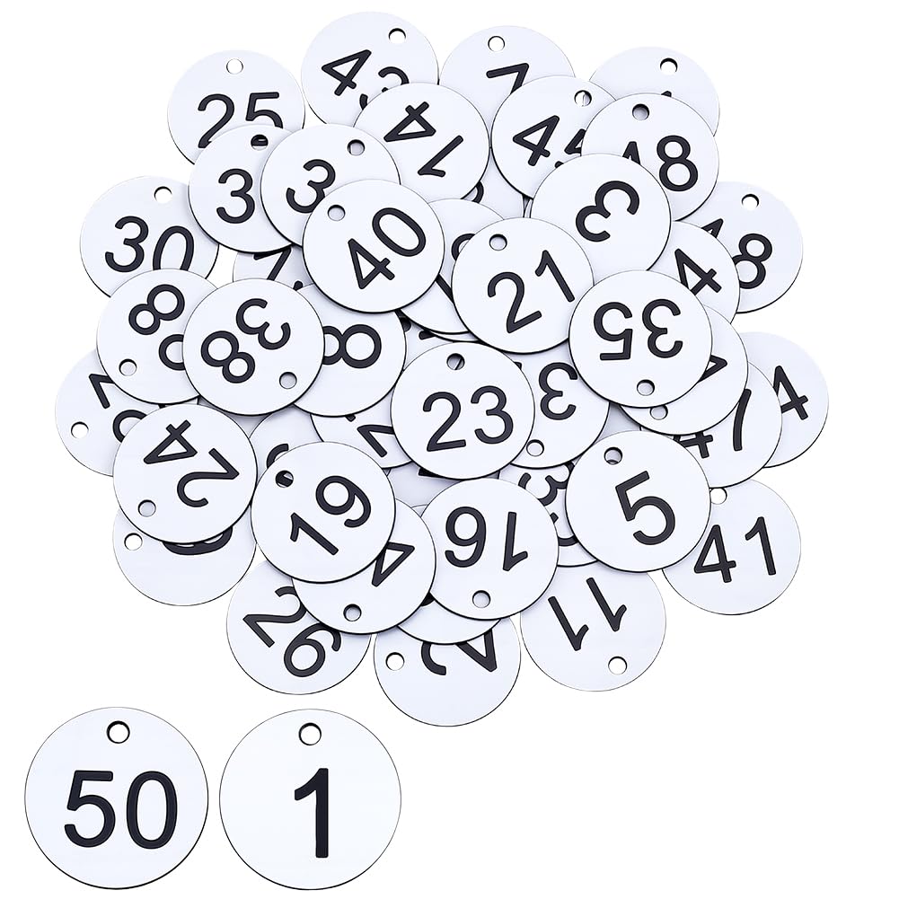 GORGECRAFT 1 Box 50Pcs Round Plastic Number Tags 1-50 ID Number Luggage Labels with Hole Engraved Numbered Marking Identification Hang Tags for Dormitory Organized Coded Key Chain Box Cabinet Lockers