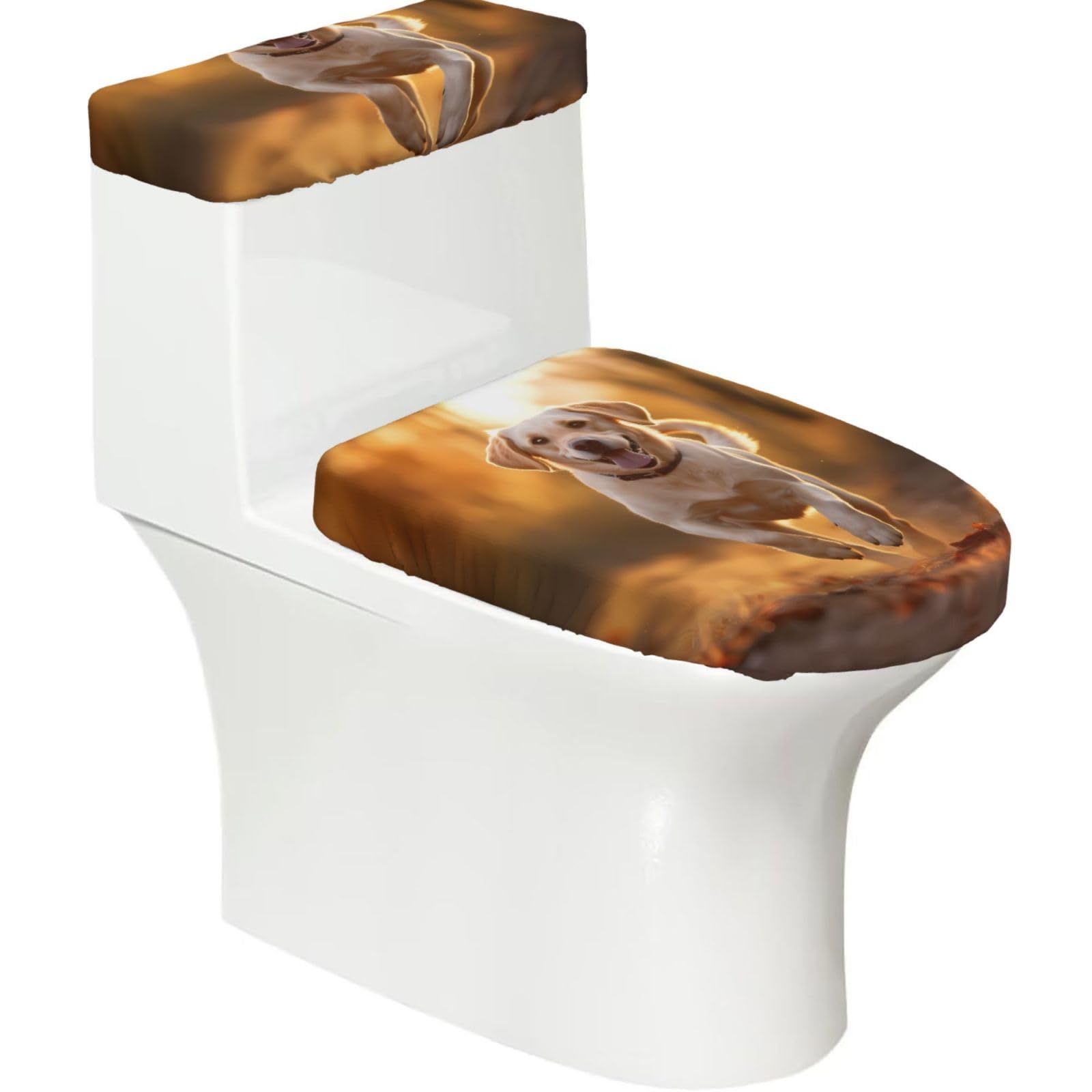 Labrador 2-Piece Toilet Seat Cover Set with Tank Lid - Elastic for U-Shape & Elongated - Bathroom Decor