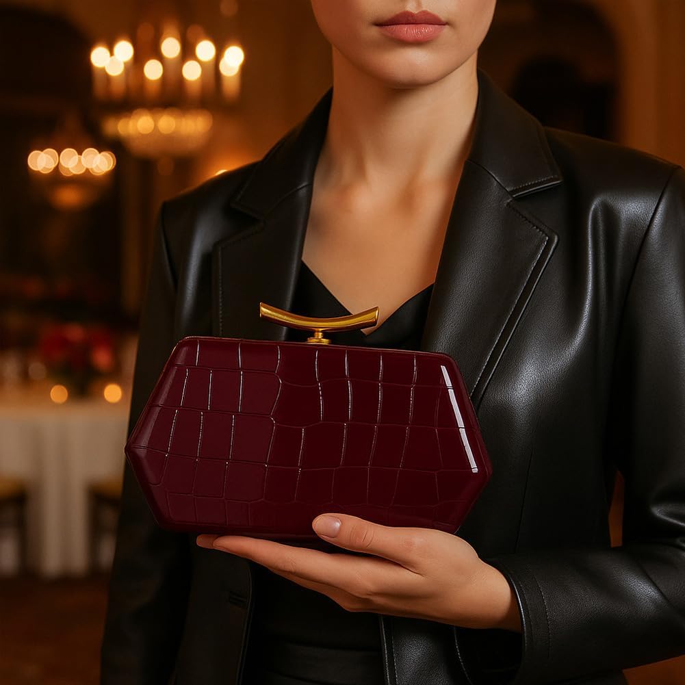 PU Leather Clutch Purse Burgundy Evening Bag Unique Crossbody Handbag for Wedding Party Prom - Image 2