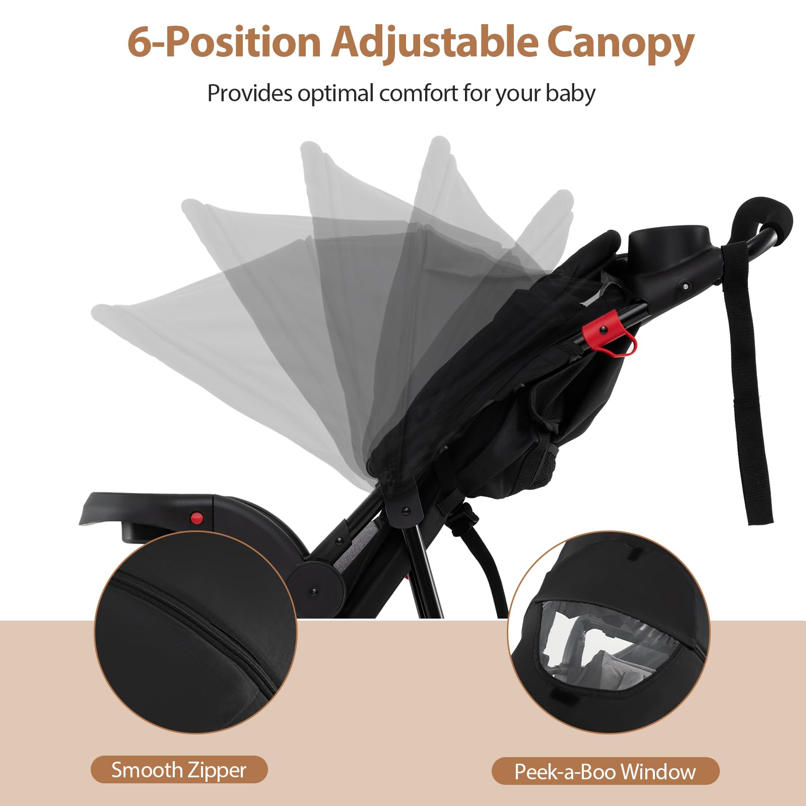 LIFEZEAL Kinderwagen klappbar, Kinderbuggy mit 3 Rädern, verstellbarem Sonnenschutz & 5-Punkt-Gurt, Buggy mit abnehmbarem Tablett & Getränkehalter, bis 22 kg, Schwarz