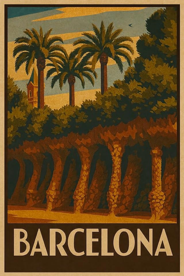 Póster de viaje vintage de Barcelona para decorar un salón elegante con esencia artística