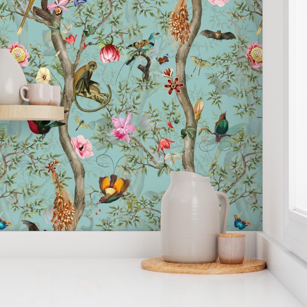 Peel & Stick Wallpaper Swatch - Romantic Chinoiserie Nostalgic Antique Botanical Garden Rococo Flower Toile Monkeys Jungle Custom Removable Wallpaper by Spoonflower