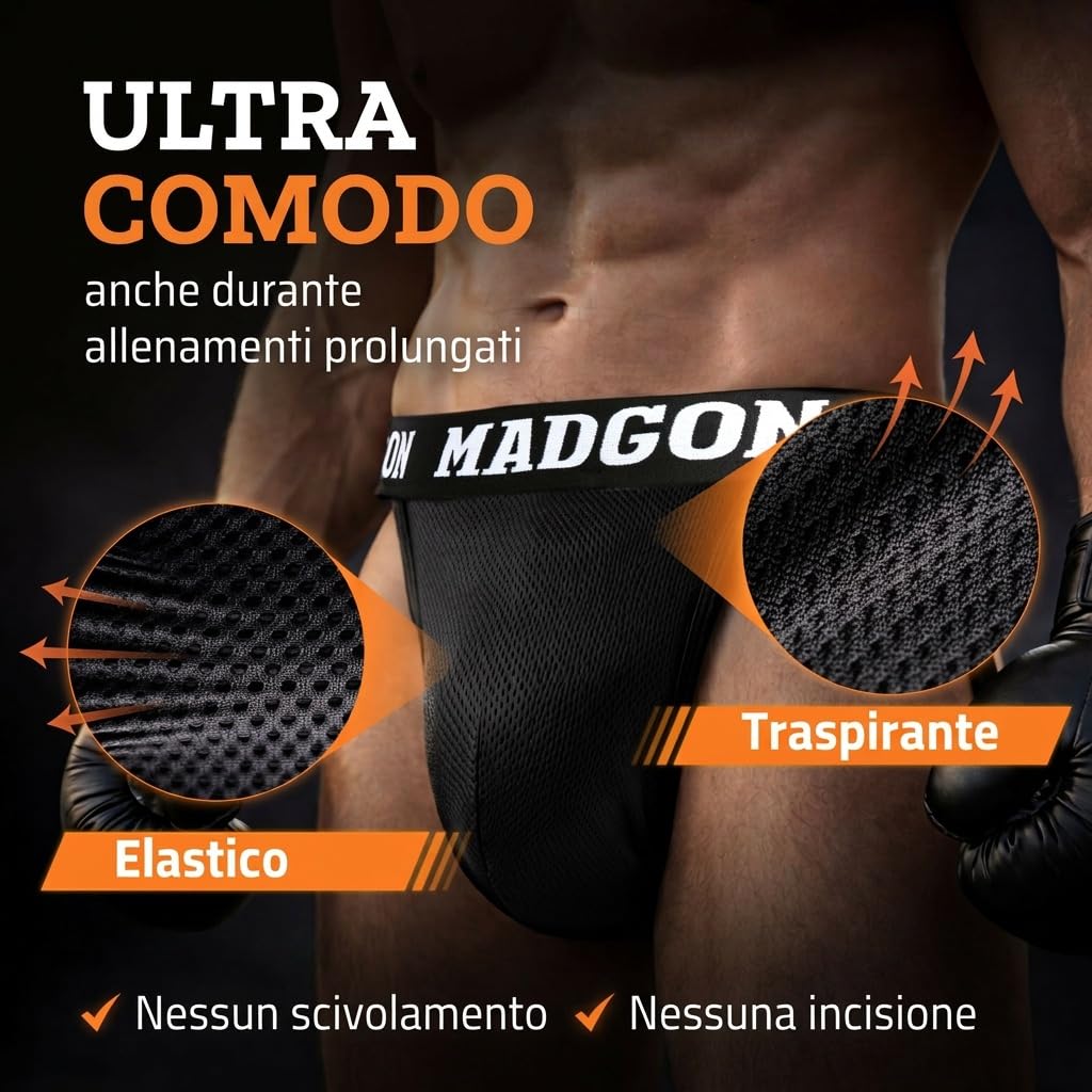 MADGON Jockstrap Uomo vestibilità Perfetta – Sospensorio Uomo Ampia libertà di Movimento – Conchiglia Muay Thai Massima comodità – Vita Elasticizzata con Sacca Inclusa