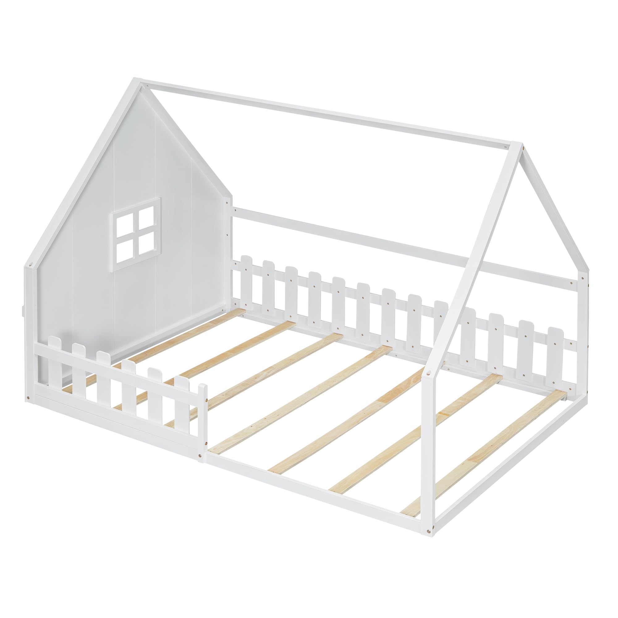 Letto per bambini a forma di casa 140x200cm, letto Montessori da pavimento con protezione anti-caduta e rete a doghe, letto in legno per bambini e bambine