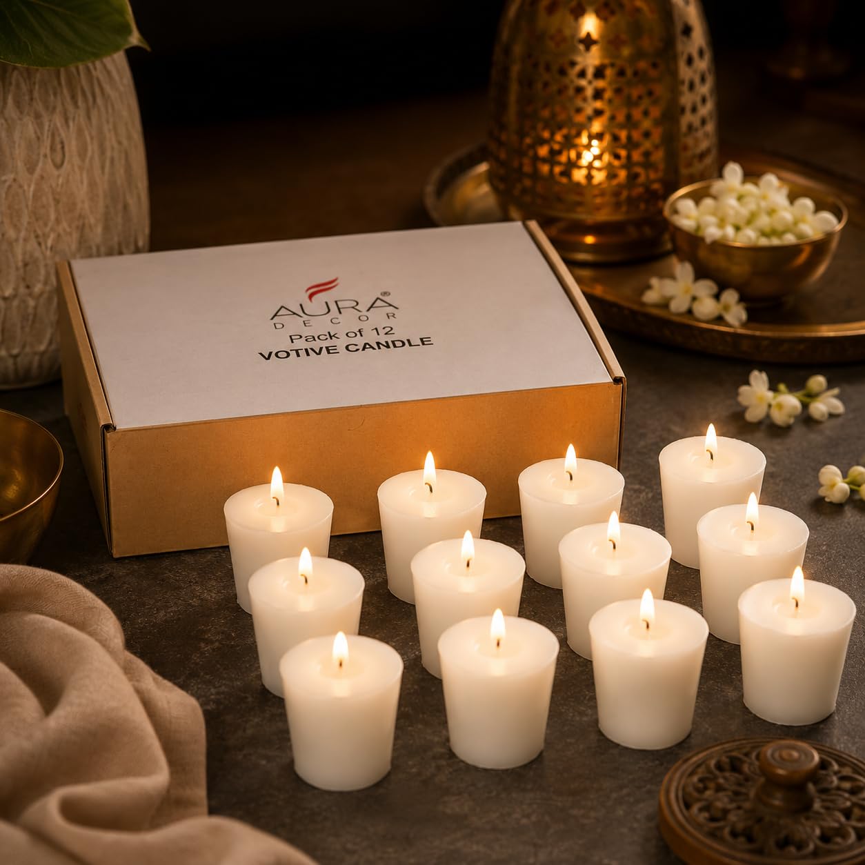 AuraDecor Pack of 12 Unscented Votive Candles | Premium Paraffin Wax Candles | Up to 15 Hours Burn Time Each | Smokeless & Dripless | White Decorative Prayer, Home Décor, Party, Spa & Wedding Candles-image-44