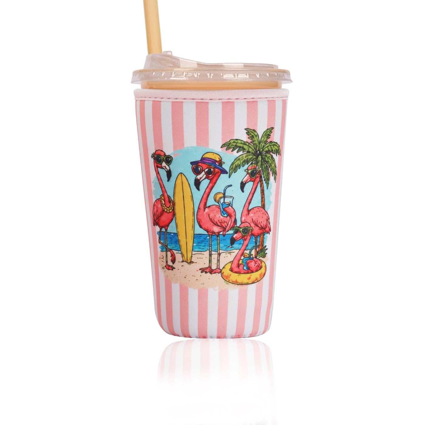 Reusable Insulated Sleeve for Iced Coffee Cup, Coffee Neoprene Sleeve for Cold &amp; Hot Drinks, Beverage Holder for Iced Coffee (Flamingo Stripes, Large: 32oz)
