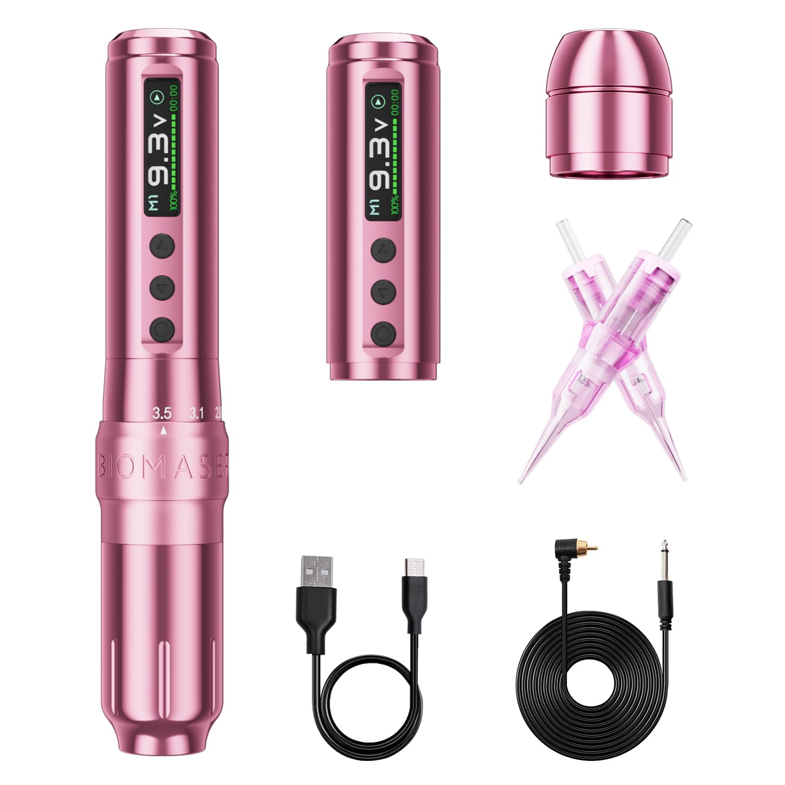 Biomaser U1 Pro - Maquillaje permanente inalámbrico semiinalámbrico, 6 tiempos, ajustable, con 2 pilas de 850 mAh, pantalla OLED para maquillaje semipermanente (Rosa)