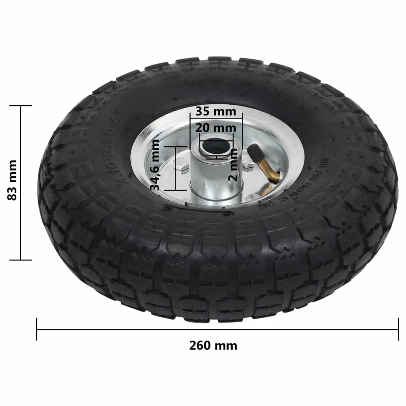 Roue Gonflable Pour Chariot 26 X 8.5 Cm - Axe 16 Mm Déporté - Charge Max 120 Kg - Noir
