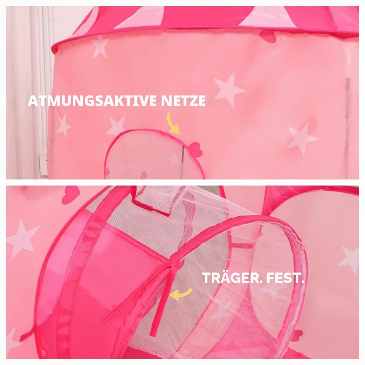 3-in-1 Kinder Spielzelt mit Tunnel, Pink, Prinzessin-Design mit Sternen, Pop-Up Zelt Set mit Tragetasche