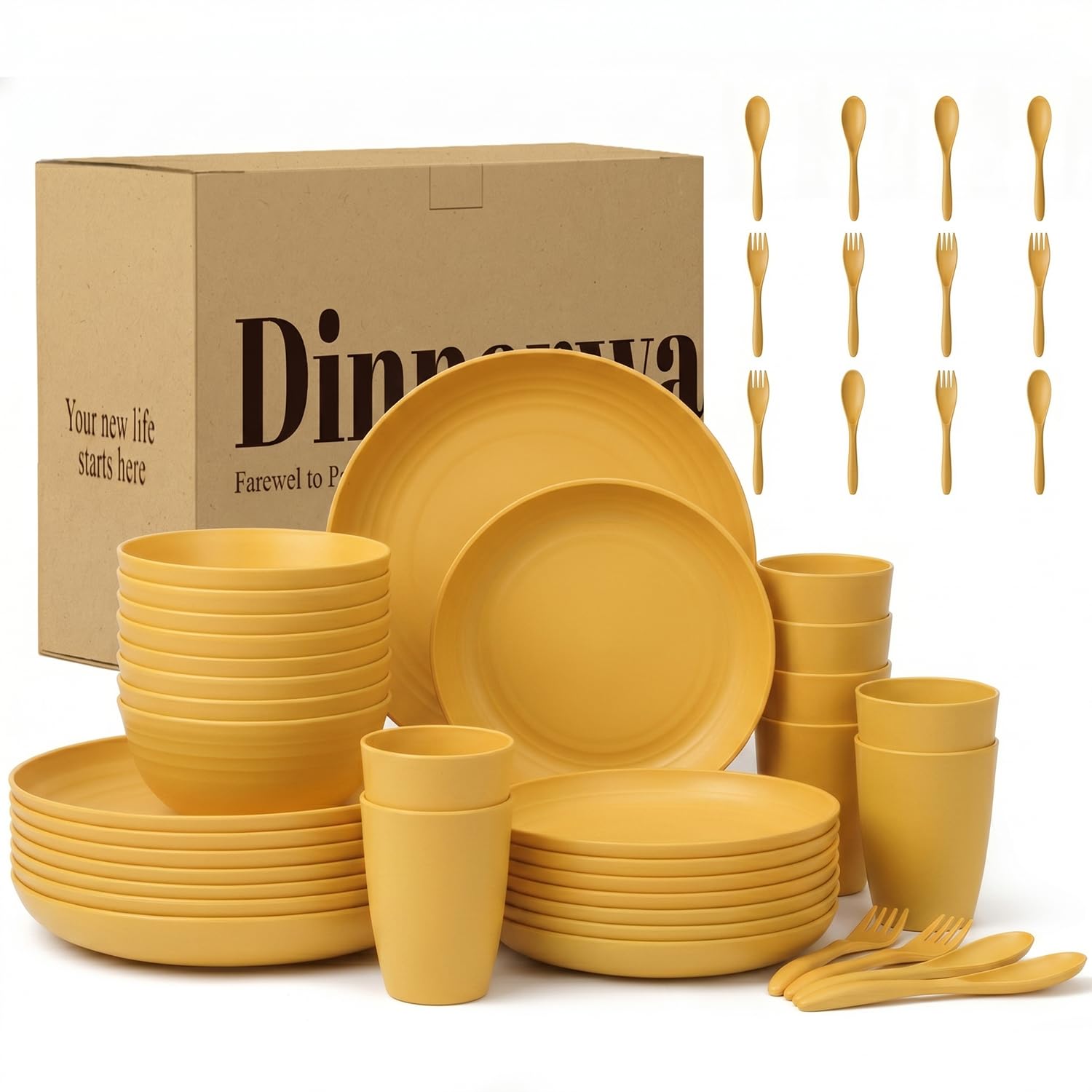 Wrova Reusable Plastic Dinner Set 48-Piece | Unbreakable Reusable Camping Cutlery Service for 8 | Reusable Plates Set for Indoor and Outdoor, Microwave & Dishwasher Safe - Yellow