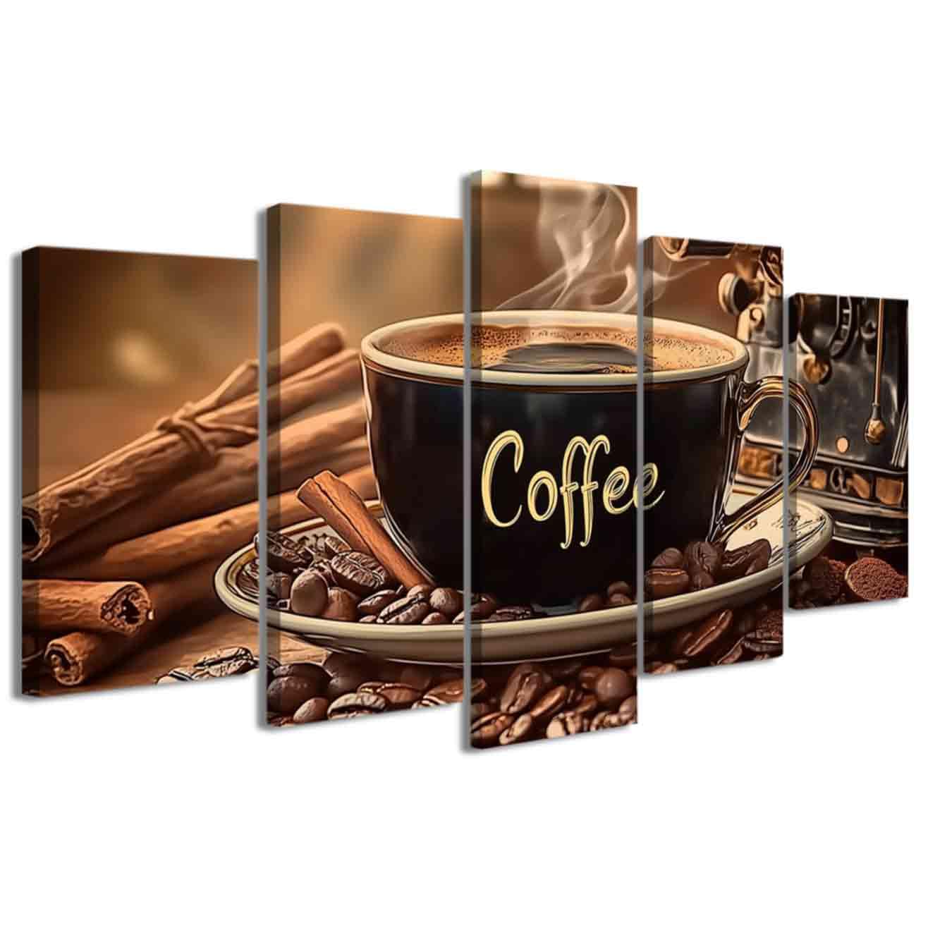 LZIMU 5 Pieces Coffee Canvas Wall Art Kitchen Pictures Wall Decor Coffee Cup and Bean Painting Prints Vintage Poster for Dining Room Cafe Bar Framed (Brown, (8x14inx2 8x18inx2 8x22inx1))