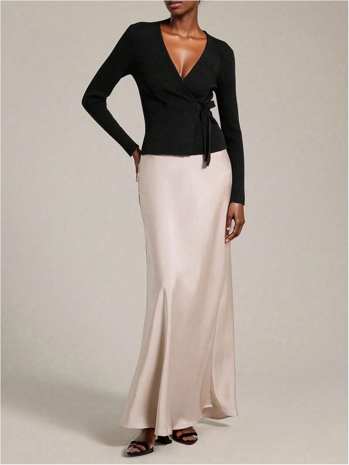 SweatyRocks Women's Wrap V Neck Tie Waist Cardigans Cozy Fitted Ribbed Knit Lightweight Sweater - Image 5