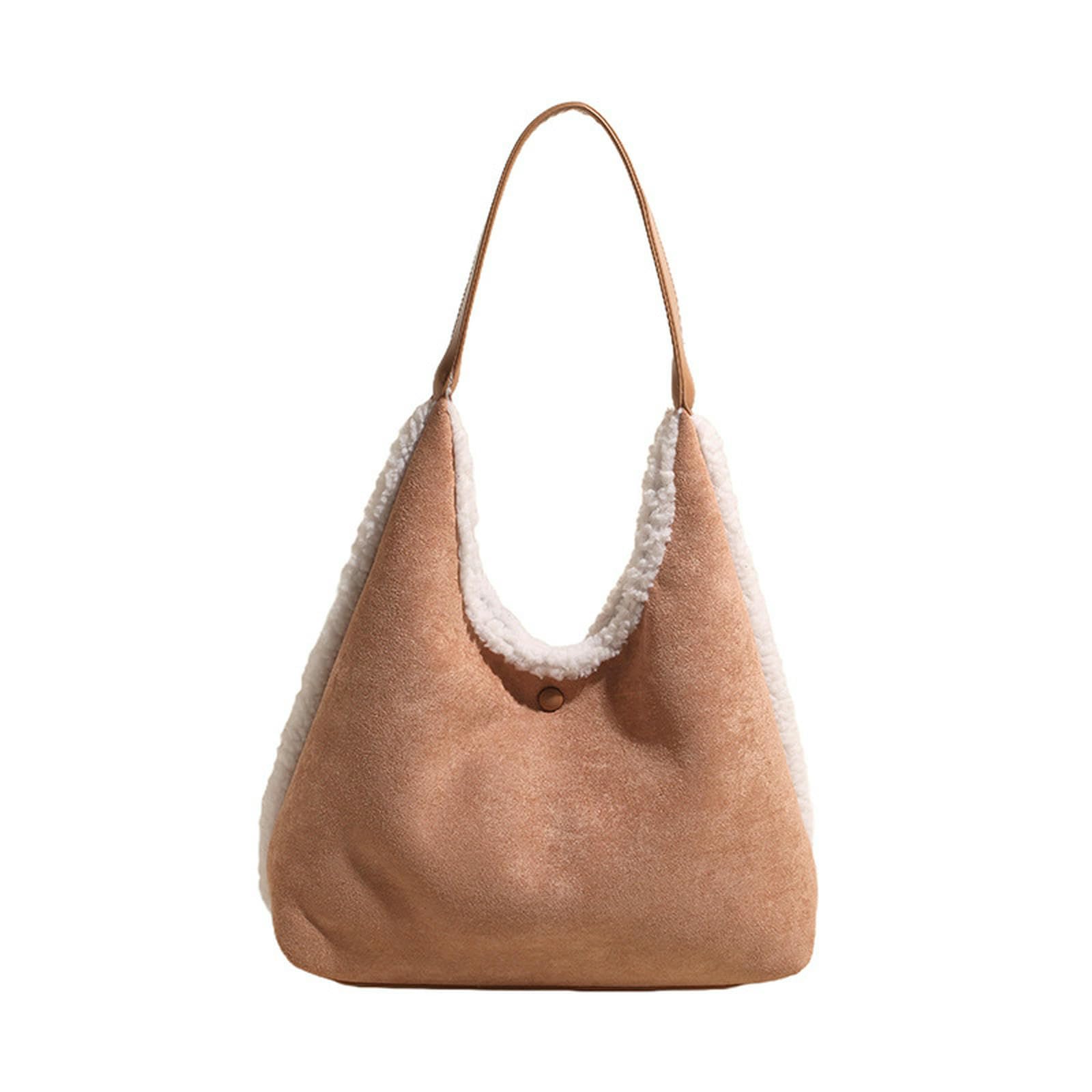 Frizione Donna Borsa A Mano in Pelle Scamosciata Tracolla da con Hobo Elegante Morbida Peluche Vintage Lana d'Agnello-Marrone Chiaro