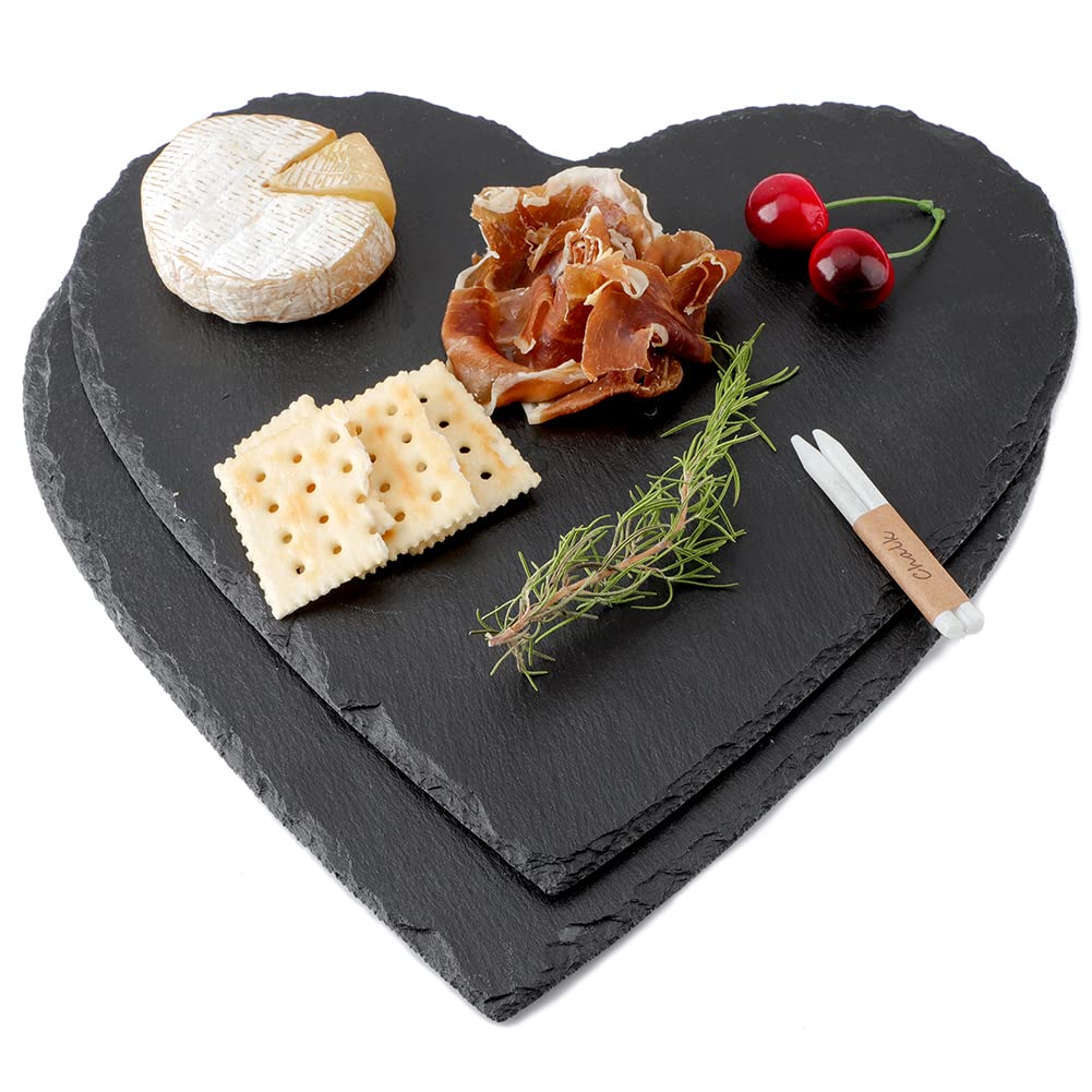 WLWNWFT Juego de 2 placas de pizarra con forma de corazón, 30 cm, con rotulador de tiza, bandeja para servir de pizarra negra, corazones de pizarra para servir y escribir