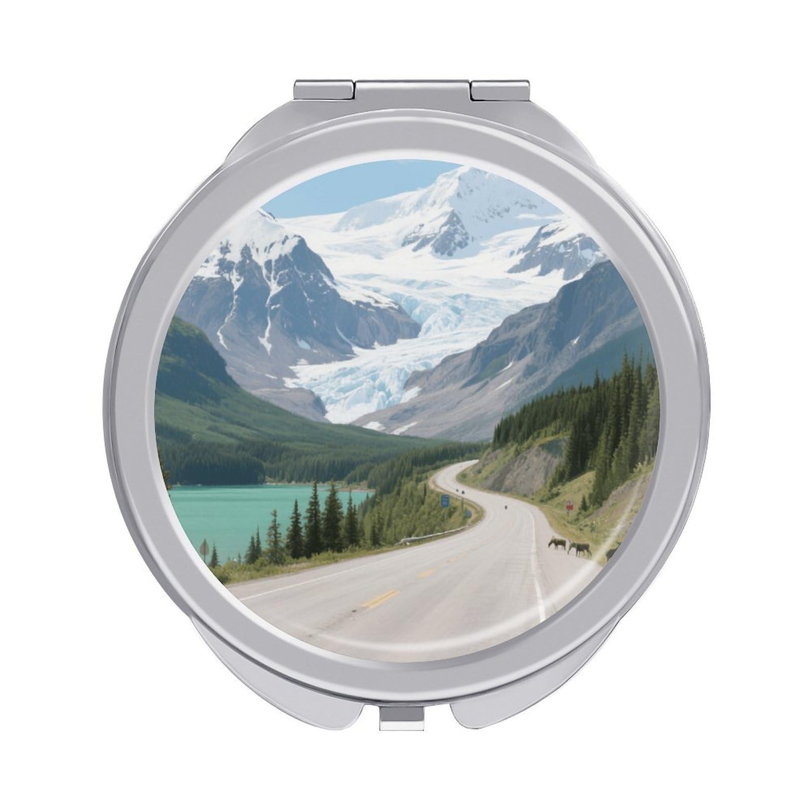 Fekiloot Style Icefield Highway Travel Makeup Mirror Handheld Compact Mirror Portable Pocket Mirror Double-Sided 1X/2X Magnifying For Handbag And Purses