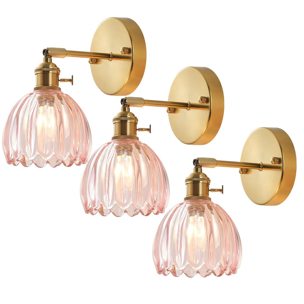 Yvamnad Pink Wall Sconce With Glass Lampshade Wall Lighting Bathroom Vanity Light Fixture Glass Single Head Metal Wall Lamp Nordic Wall Decor E27 Lighting Minimalist Interior Lighting Wall Lights Bedside W