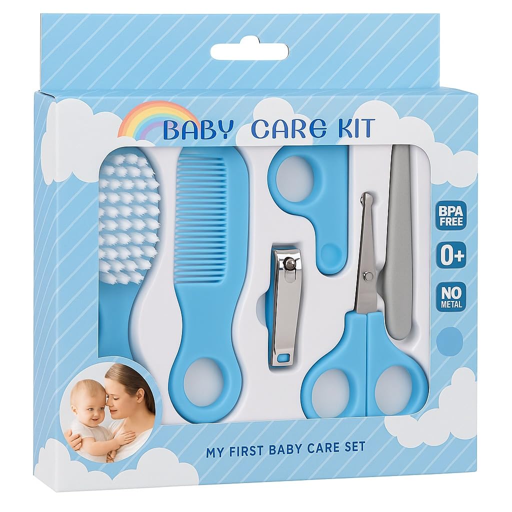 Kalra Magic 5-in-1 Baby Grooming Kit Soft Hair Brush Comb Nail Clippers Scissors Nail File & Case Safe & Gentle Care Set for Newborns, Infants & Toddlers (Blue)-image-49