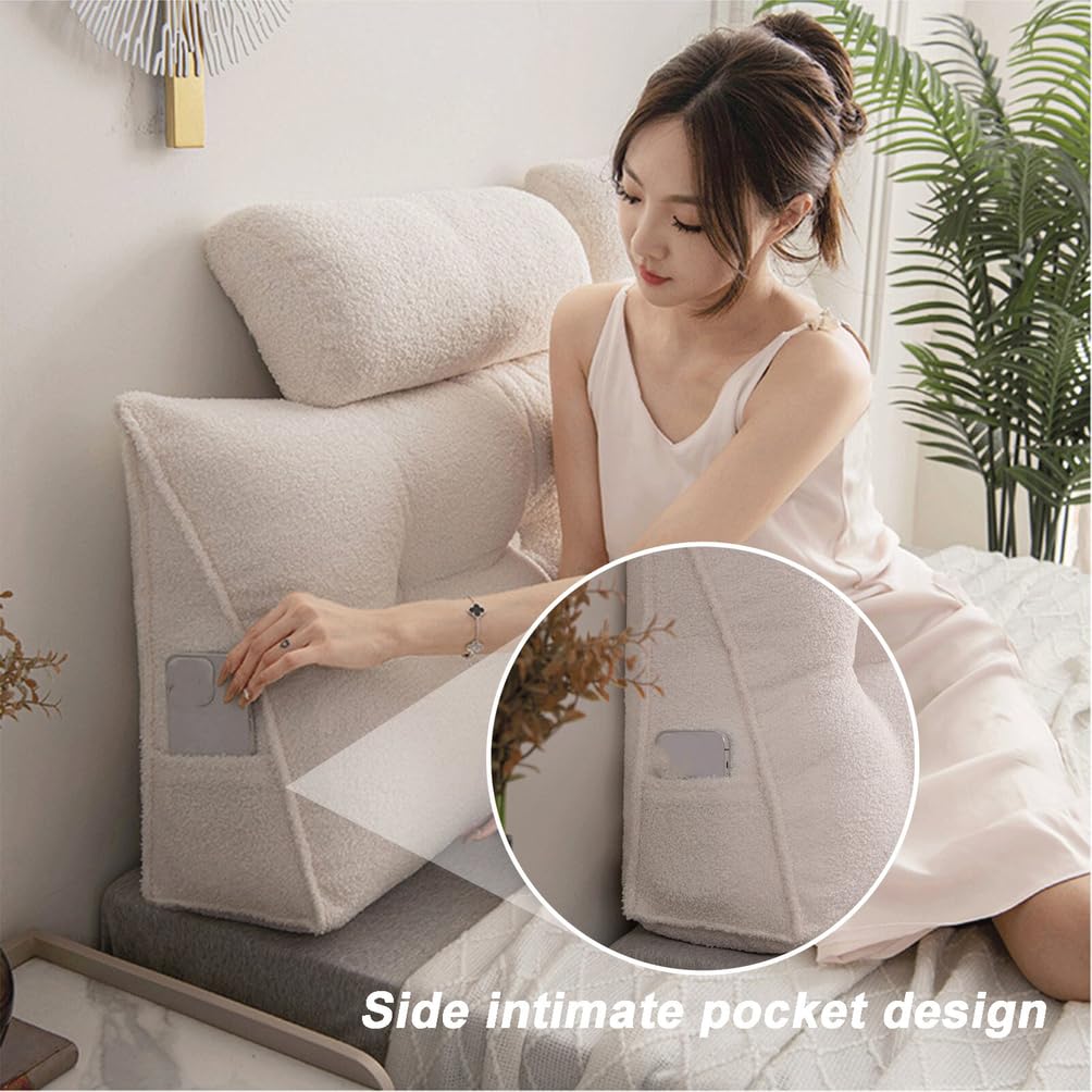 Generisch Großes Keilkissen-Kopfteil,Weiches Waschbares Kopfteilkissen, Dreieck-Lesekissen Mit Praktischen Seitentaschen,Für Sofa-Tatami Und Tagesbett Nackenrolle,Lendenkissen,Beige,200x50x20cm