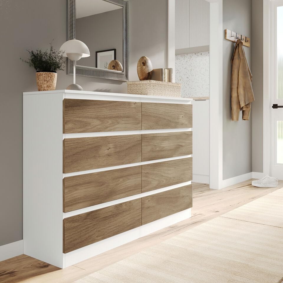 URBNLIVING Modern White Wooden Chest with Oak 8 Drawers for Bedroom Office Storage Versatile Bedside Table Stylish Cabinet for Organizing Clothes Accessories Work Place Supplies and Personal Items