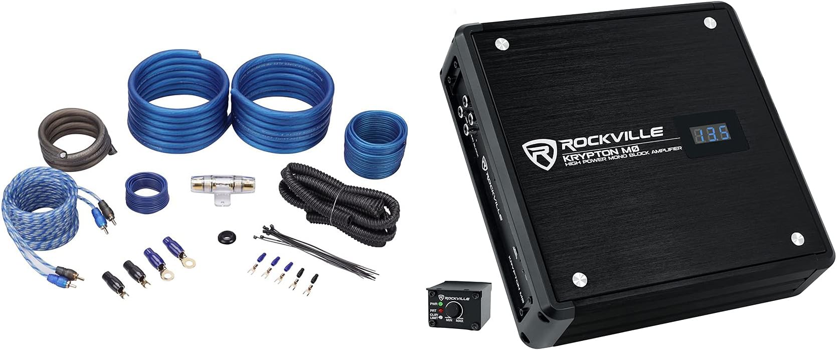 Rockville Krypton-M0 Bundle: 1400W Peak / 350W RMS Mono 1 Ohm Car Amplifier, Bass Remote, RWK41 4-Gauge Amp Wiring Kit, for Car Audio System, 2-Items