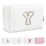 Small Initial Patch Makeup Bag Personalized Gifts Make Up Bag,White Cute PU Leather Glitter Letter Cosmetic Bag with Zipper,Trendy Portable Travel Toiletry Pouch,Preppy Stuff for Teen Girls Women Y