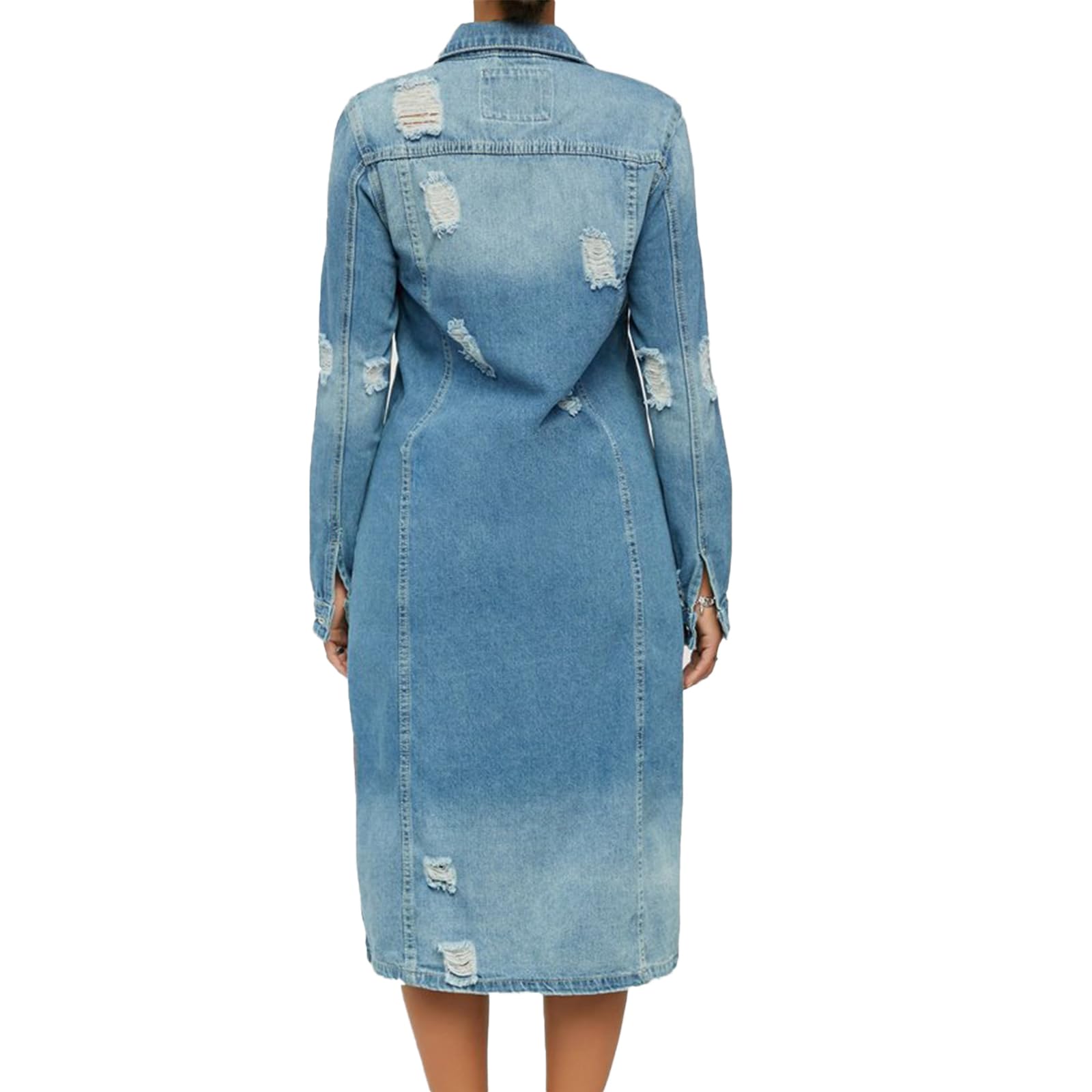 Chaqueta Vaquera Rasgada Mujer de Mangas Largas Cazadora Larga de Denim con Bolsillos Chaqueta de Mezclilla Gabardina Larga Vaquera con Solapa Vintage Abrigo Vaquero de Transición Primavera y Otoño