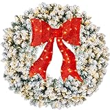 Best Choice Products 48in Large Flocked Artificial Pre-Lit Fir Christmas Wreath Holiday Accent Decoration for Door, Mantel w/Red Lighted Bow, 250 LED Lights, 714 PVC Tips, Power Plug-in