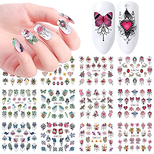 Macute Butterfly Nail Decals Nail Art Stickers for Women & Girls Watermark Nail Art Designs Supplies Flower Rose Chain Pendant Gemstone Pattern Decals for Fingernails & Toenails Decorations 12 Sheets