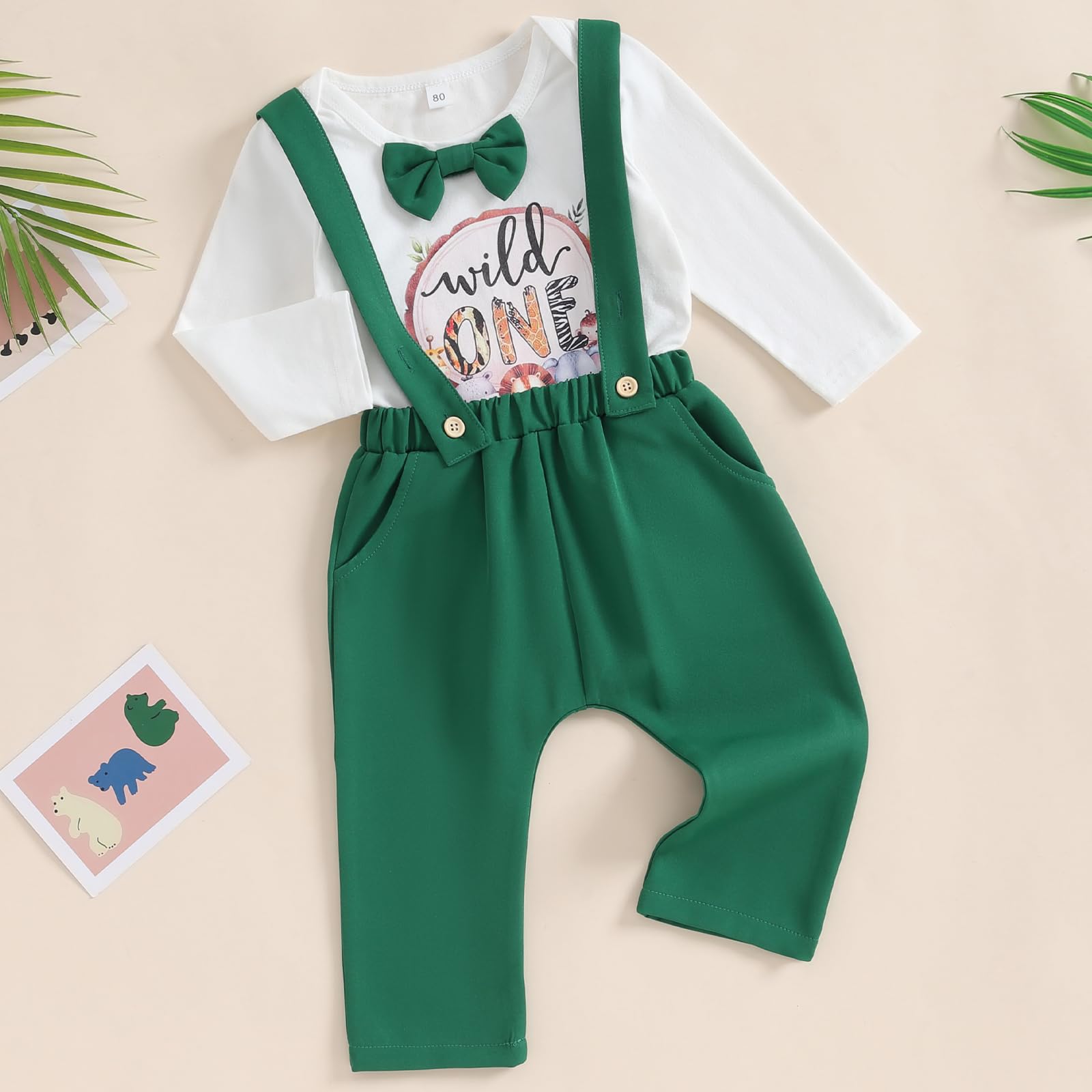 Baby Boy 1st Birthday Outfit Long Sleeve Wild One Print Romper Bowtie Suspenders Strap Pant Gentleman Outfits (Green Long Sleeve, 6-12 Months)