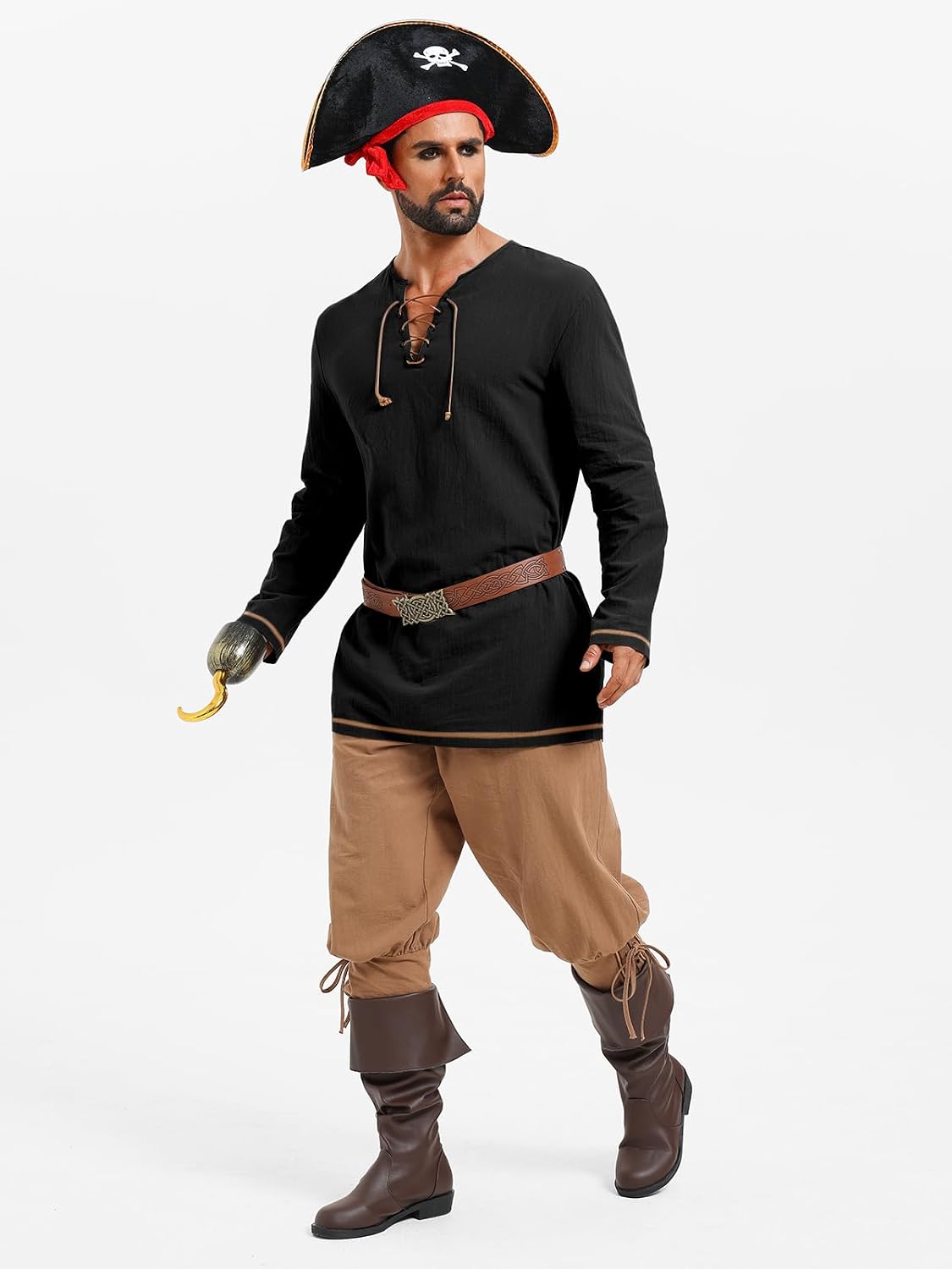 Runcati Mens Medieval Pirate Tunic Shirt Renaissance Viking Knight Costume Shirts Lace Up Halloween Warrior LARP Tops
