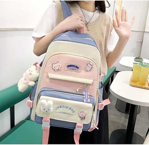 Miniatura 4 de Juego de 5 mochilas kawaii con colgante de oso y alfileres - Kit de mochila de conejito de anime japonés con diseño de retazos, Azul, Japonés