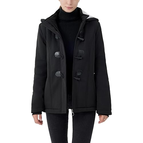 JiangWu Women's Fashion Sherpa Fleece Thickened Horn Button Hooded Jacket Winter Warm Slim Coat