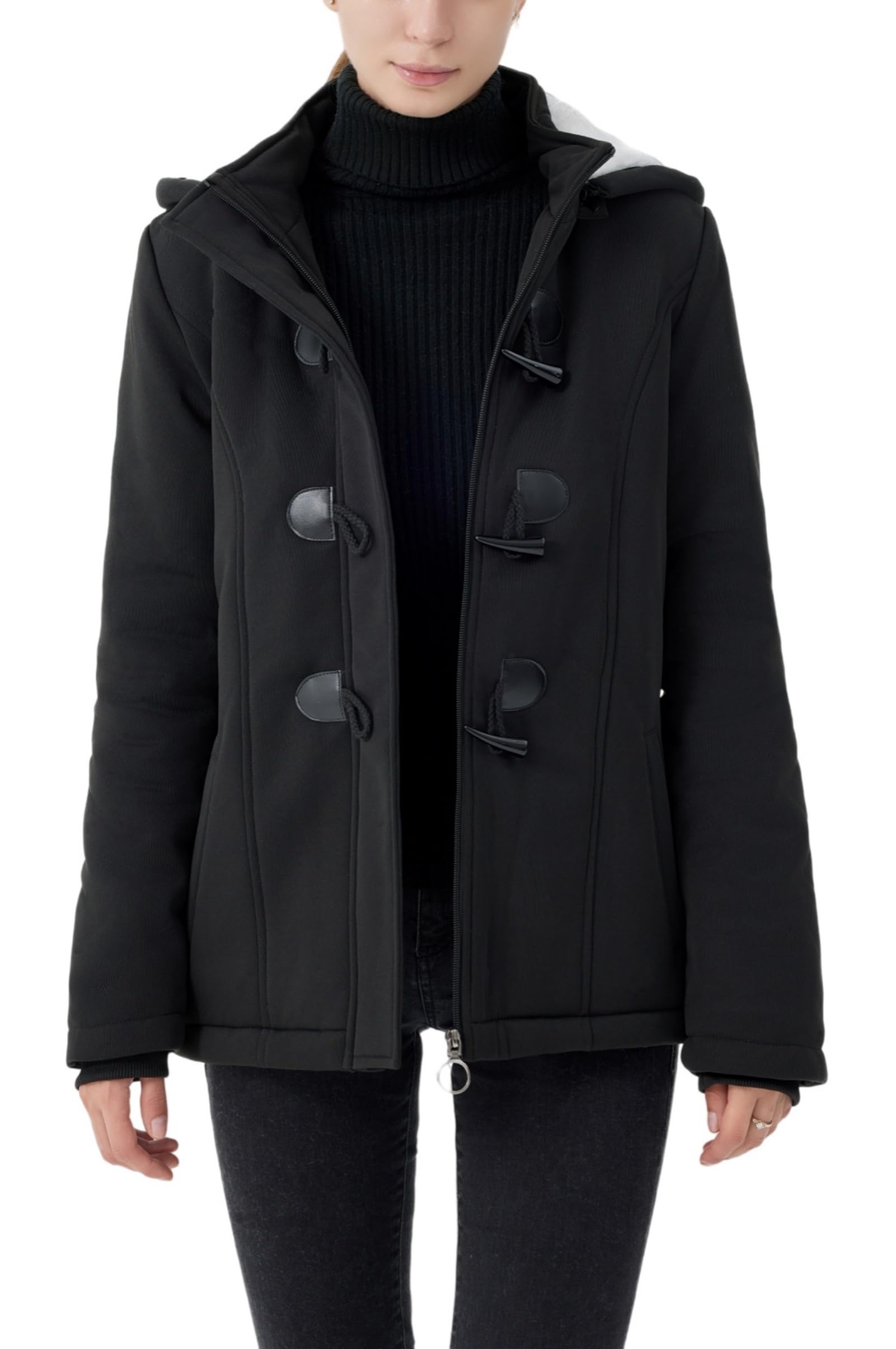 Women's Fashion Sherpa Fleece Thickened Horn Button Hooded Jacket Winter Warm Slim Coat