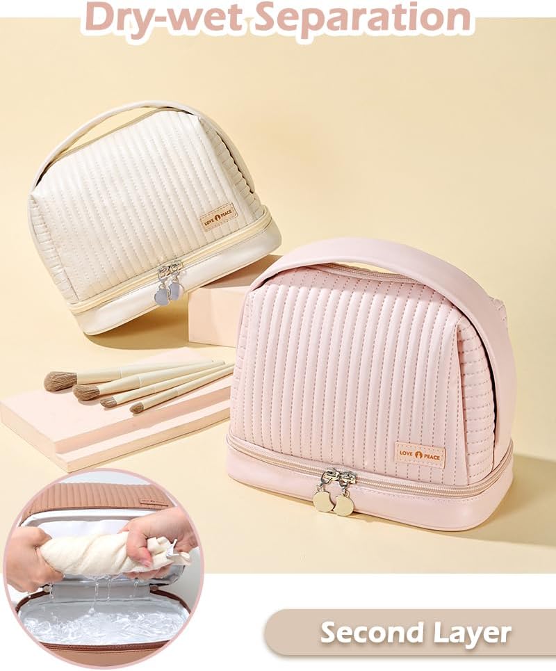 Cosmetic Bag for Women, Toiletry Bag with a Separate Compartment, Travel Makeup Bag with Removable Brush Holder, Soft Portable Makeup Case for Cosmetics, Skincare Products, Pink - Image 4