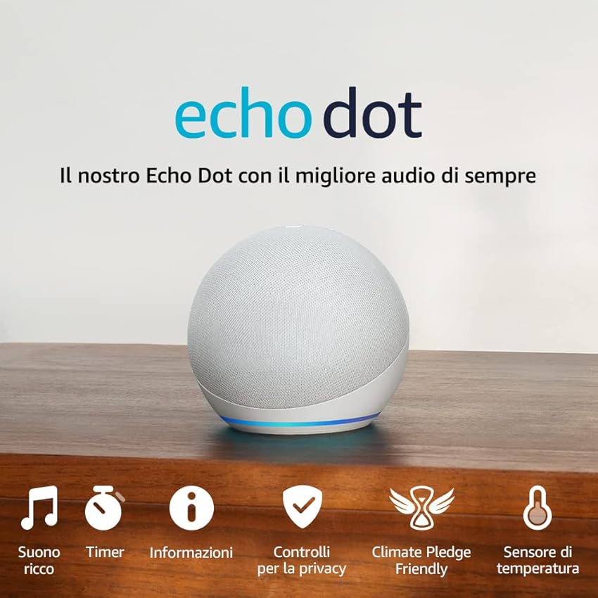 Immagine del prodotto Echo Dot (5ª generazione, modello 2022) | Altoparlante intelligente Wi-Fi e Bluetooth, suono più potente e dinamico, con Alexa | Bianco ghiaccio