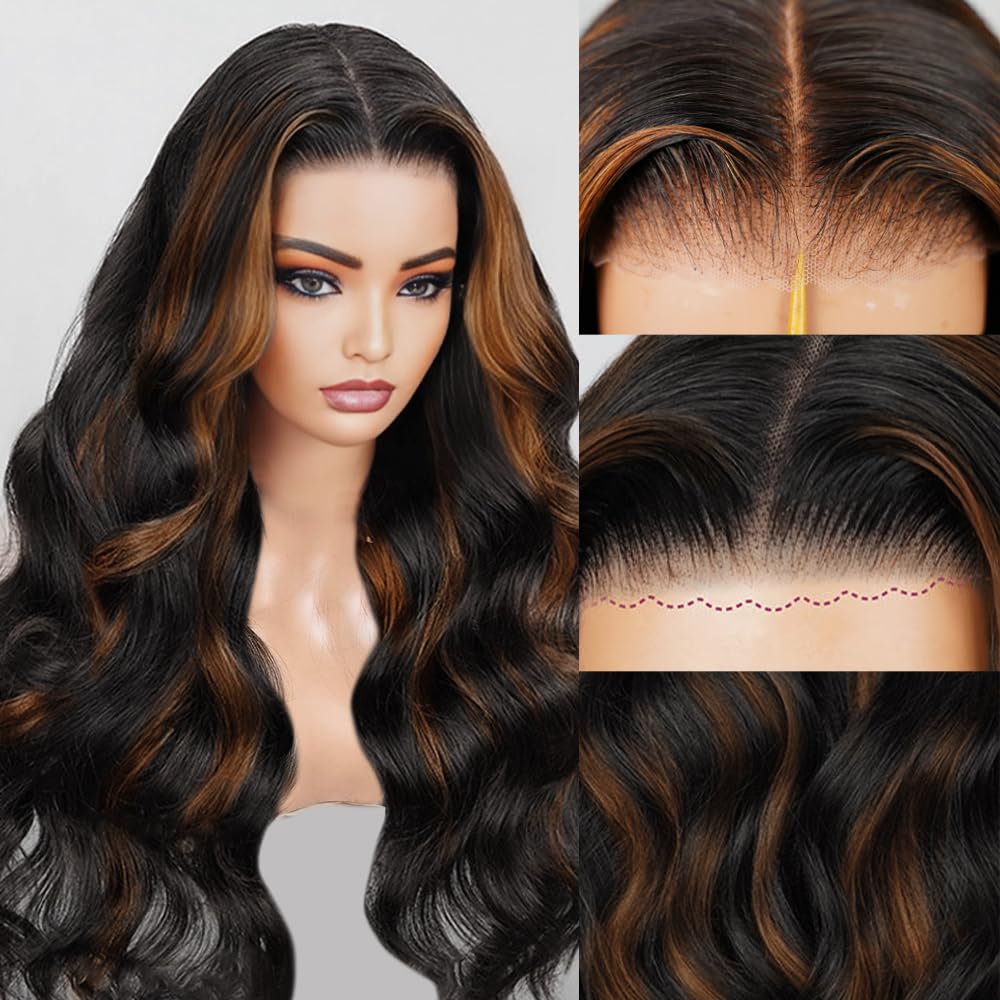 Photo 1 of EARLR 7x5 Balayage Brown Highlight Lace Front Wig Human Hair 200% Density Ombre Body Wave Glueless Wigs Human Hair 32 inch 1b30 Glueless Wigs Human Hair Pre Plucked Pre Cut With Baby Hair for Women