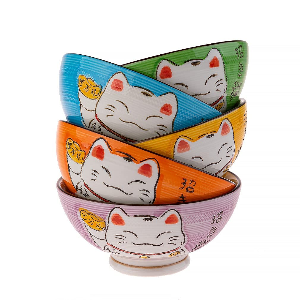 lachineuse - Set of Japanese Bowls with Maneki Neko Design - 5 Traditional Rice Bowls Ø 11.5 cm - 275 ml - Japanese Lucky cat - Japanese Decoration - Gift idea